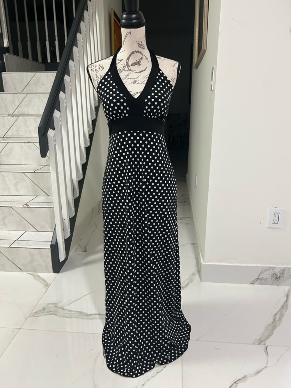 Enfocus Studio Vtg Black and White Polka Dot Halter Stretch Long Dress Size 6